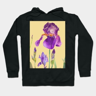 Iris Watercolor Painting - Elegant Purple on Lemon Yellowa Hoodie